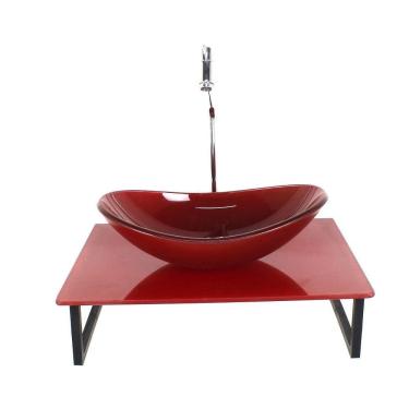 Imagem de Kit Cuba Vidro Oval 10Mm Tampo 50Cm Vermelho Cereja Full