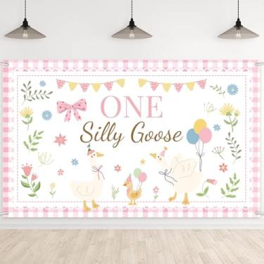 Imagem de One Silly Goose Faixa de fundo Silly Goose Girl Grinalda Rosa Xadrez Decoração de Laço Bonito Desenho Animado 1º Aniversário Festa de Aniversário para Meninas Aniversário Chá de Bebê Celebrações