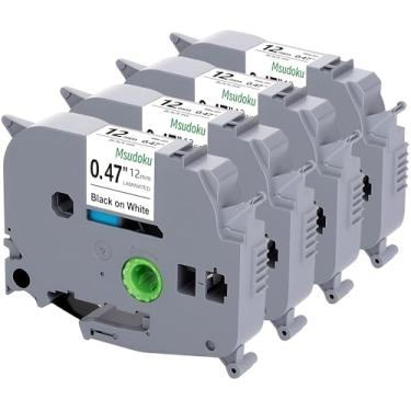 Imagem de Fita Tze TZ 12 mm 0,47 fita branca laminada compatível com Brother Label Maker Tape 12 mm 1/5.1 cm preto sobre branco para Ptouch PT PTD200 PTD410 D210 D220 D610 P710BT PTH110, pacote com 4