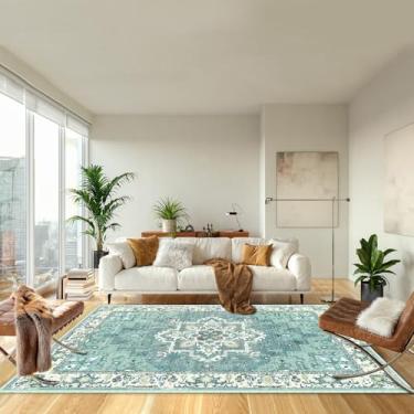 Imagem de Tapetes de área Boho laváveis 5 × 7, neutro, vintage, pilha baixa, tapete grande para sala de estar, quarto, escritório, sala de jantar e casa de fazenda com suporte antiderrapante, verde-petróleo