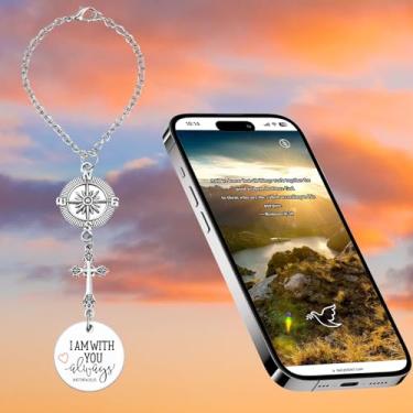 Imagem de Enfeite de pingente de carro com cruz de espelho retrovisor, versículo da Bíblia, diário, para carros, cruz pendurada para carro, com medalhão "I Am with You Always", presente religioso