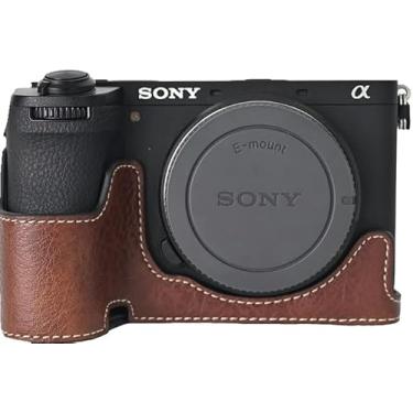 Imagem de Capa A6700, capa BMAOLLONGB feita à mão de couro PU meia câmera versão abertura inferior para Sony Alpha A6700 com alça de pescoço (marrom)