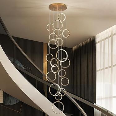Imagem de Sparklelf Lustre de LED moderno de 20 anéis para teto alto regulável dourado contemporâneo foyer longo lustre para entrada, luminária pendente longo, escada, sala de jantar, sala de estar, 3000-6500 K