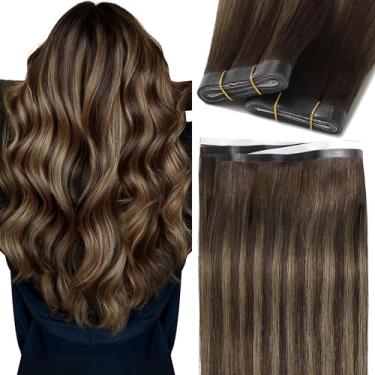 Imagem de Caliee Extensões de cabelo de 50 cm com fita adesiva de cabelo humano castanho escuro com marrom castanha invisível fita larga em extensões de cabelo liso longo macio 50G R2-2/6