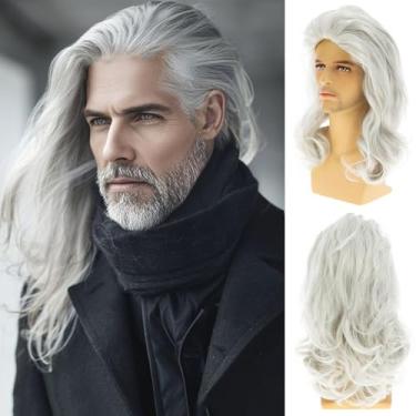 Imagem de Baruisi Peruca longa branca masculina sintética ondulada para festa cosplay