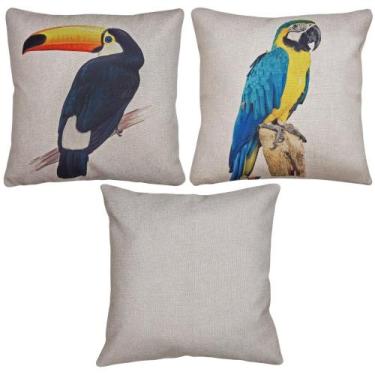Imagem de Kit 3 Capas Almofada Linho Lisa + Tucano Arara Canindé 43x43 - M3 Deco