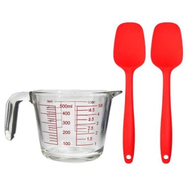 Imagem de Kit Jarra Medidora 500ml Resistente Com Espátulas Vermelhas De Silicon