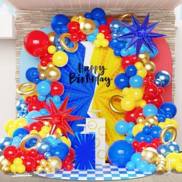 Imagem de 142 Pcs Red Blue Yellow Balloon Arch Kit,Gold Circle Twisting Balloons with Exploding Star Foil Balloons for Video Game Cartoon Hedgehog Theme Birthday Party Carnival Circus Baby Shower Decorations