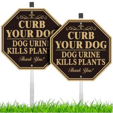 Imagem de Placa Curb Your Dog Dog Urine Kills Plantas, 25 cm x 25 cm Placa de alumínio resistente sem ferrugem com estaca de metal, fácil de montar