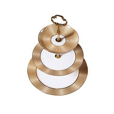 Imagem de Suporte de bolo dourado para sala de estar mesa de sobremesa de cerâmica multicamadas rack de lanches osso china prato de frutas lanche prato de bolo prato de bolo doces cupcake sobremesa prateleiras