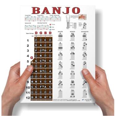 Imagem de A New Song Music Pôster laminado de 5 cordas Banjo G Tuning Fretboard Notes Rolls e tabela de acordes - 21,6 cm x 28 cm para caderno