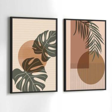 Imagem de Conjunto Quadros Decorativos com Moldura Folhas Abstrato Marrom Verde 