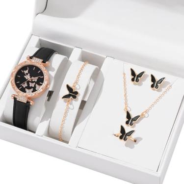 Imagem de YUELER 6 pçs/conjunto de relógios de luxo femininos anéis colar brincos conjunto pulseira de couro borboleta relógios senhora relógio de pulso