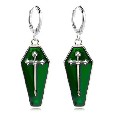 Imagem de YasiIm Brincos de Halloween personalizados de liga geométrica, brincos góticos, punk, crânio, cruz, caixão, brincos de argola para mulheres, Small, Metal, Sem pedra preciosa