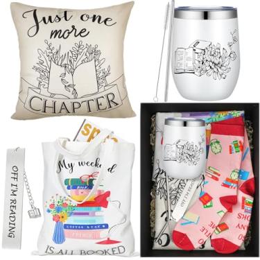 Imagem de Tioncy 5 peças de presentes para amantes de livros para amantes de livros, inclui sacola de 340 g copo de vinho fronha meias marcador de livro presente de agradecimento de Natal para leitores, clube,