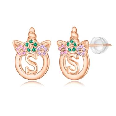 Imagem de Brincos de unicórnio para meninas – Brincos de prata esterlina 925 hipoalergênicos com inicial de unicórnio para meninas e crianças joias CZ presentes de aniversário, Latão, Zircônia cúbica
