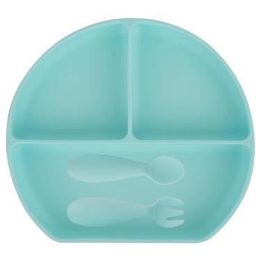 Imagem de Prato infantil de silicone Nalchois com sucção, pratos infantis com colher e garfo, 100% silicone de grau alimentício, estilo redondo, antiderrapante, pratos divididos para crianças e crianças, seguro