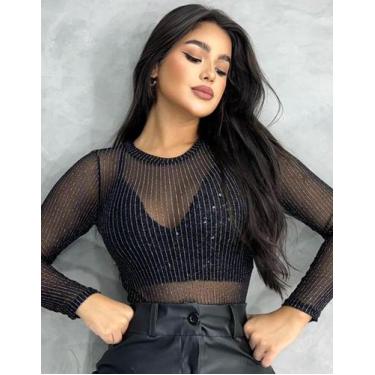 Imagem de Blusa Tule Fios Lurex Body Manga Transparente Brilho Sexy - JG Estilo 