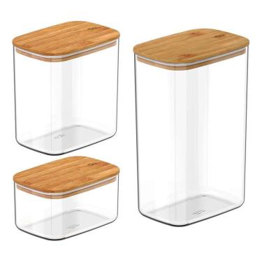 Imagem de Kit 3 Potes Herméticos Com Tampa De Bambu 0,65L, 1,5L E 2,3L