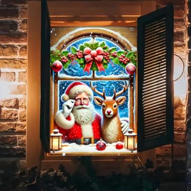 Imagem de BlissYard Capa de janela de Natal 78 x 128 cm com cena de rena de Papai Noel pano de fundo de feriado com guirlanda de floresta nevada painel de parede para decoração de festa de Natal interna e