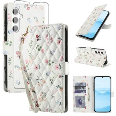 Imagem de Asuwish Capa de celular para Samsung Galaxy A15 5G/4G carteira celular com protetor de tela de vidro temperado porta-cartão de flores com suporte fino protetor A 15 G5 15A mulheres homens flores rosa