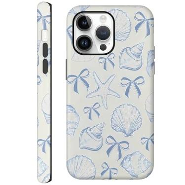Imagem de CAINAT Capas estéticas para iPhone 15 Pro Max, design de concha com laço azul, capa protetora híbrida rígida de 2 camadas para mulheres e meninas