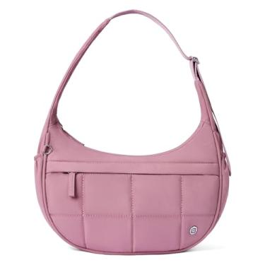 Imagem de POIUGOYA Bolsa de ombro de nylon para mulheres, pequena bolsa acolchoada crescente, bolso com zíper triplo, pequena bolsa acolchoada para viagens/fitness, Rosa escuro, Casual