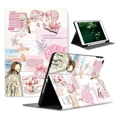 Imagem de Compatível com iPad 9ª geração (2021)/8ª geração (2020)/7ª geração (2019) 10,2 polegadas com porta-lápis, capa protetora automática para despertar/dormir, verso bíblico com colagem de Jesus