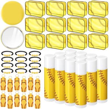 Imagem de AceOrbit 60 peças de lembrancinhas de festa de softball, conjunto de presentes de softball, sacos de cosméticos, pulseiras de argila de polímero, protetores labiais, porta-batons, chaveiros, espelhos