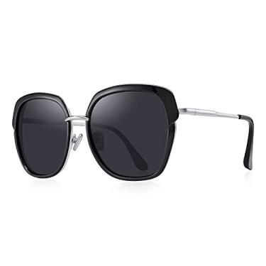 Imagem de OLIEYE Óculos de sol femininos polarizados vintage com armação de escudo grande para mulheres com caixa de presente O6371, Armação preta/lente preta/hastes prateadas, Lens Width: 55 Millimeters