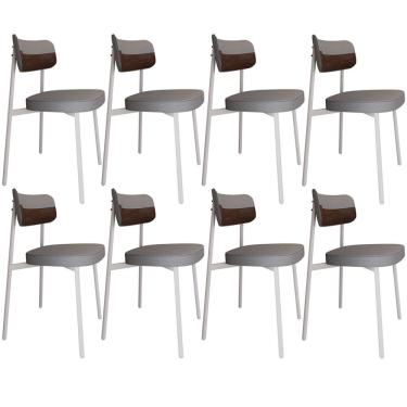 Imagem de Kit 08 Cadeiras Estofada Para Sala de Jantar Astrid Branco C01 Linho Cinza Courino Whisky - Lyam Decor