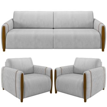 Imagem de Kit Sofá 03 Lugares Sala Estar 223cm Com 02 Poltronas Flora Pés Madeira M03 Veludo Cinza - Lyam Decor