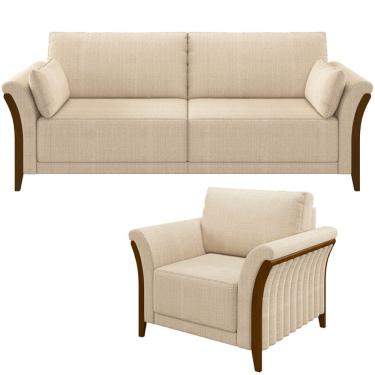 Imagem de Kit Sofá 3 Lugares Sala Estar 222 Com Poltrona Stefan Pés Madeira M03 Linho Bege - Lyam Decor