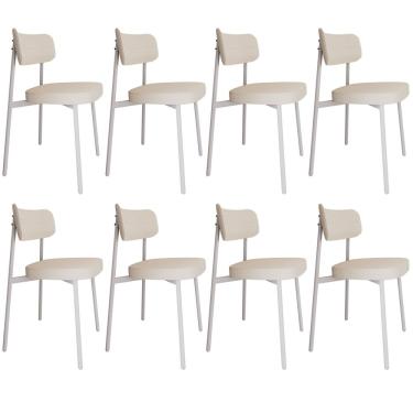 Imagem de Kit 08 Cadeiras Estofada Para Sala de Jantar Astrid Branco C01 Linho Palha - Lyam Decor