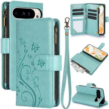 Imagem de Dteck Capa para celular com carteira borboleta em relevo fofa para Google Pixel 7A 6,1 polegadas 2023 com 6 compartimentos para cartão, bolso com zíper, alça de pulso, capa protetora feminina de couro