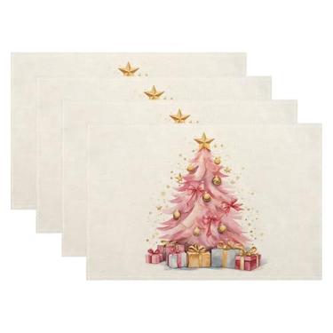 Imagem de Jogo americano de Natal, conjunto de 4, tapete de mesa de Natal rosa para presente de sino de árvore de Natal, resistente ao calor, linha antiderrapante para decoração de férias 45,7 cm x 30,5 cm