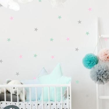 Imagem de Adesivo de Parede Infantil Estrela Verde Rosa Cinza - 100 Estrelinhas 