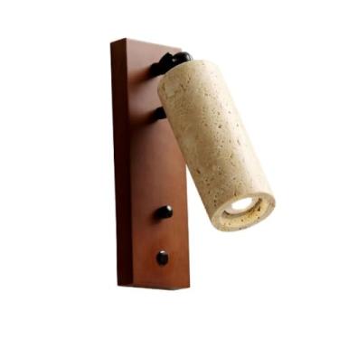 Imagem de Luminária de parede retangular de madeira, luminária de cabeceira ajustável com interruptor liga/desliga, arandelas de parede cilíndricas de travertino amarelo, luminária de arte Wabi Sabi p