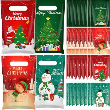 Imagem de Gilprop 48 peças de sacos de presente de Natal com alças de plástico Merry Christmas Goodie Candy Bags Bulk Snowman Xmas Tree Pouches para decoração de festas de fim de ano