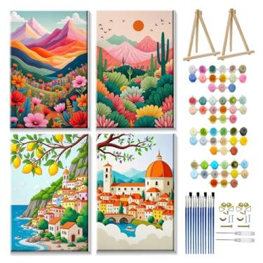 Imagem de JOOZ Kit de pintura por números para adultos com quadro de pintura de paisagem por número com cavalete faça você mesmo montanha kits de pintura a óleo por números Sunset Lake Kits de pintura a óleo