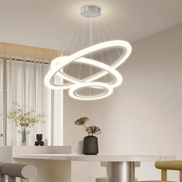 Imagem de Lustre de LED moderno com 3 anéis para sala de jantar, sala de estar, pingente de iluminação de teto alto, luminária suspensa para quarto, hall de entrada, prata