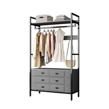 Imagem de Prateleira para casacos, cabide de chão com gaveta, suporte de armazenamento, quarto, penteadeira, sala de estar, cabideiro de metal (cinza + cinza)