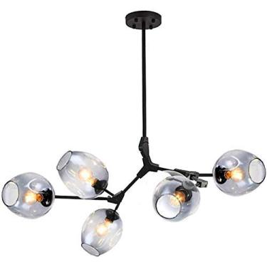 Imagem de Lustre E27 Nordic Glass Ball Chandelier Altura ajustável, Lustre preto fosco, E26 Metal Hand Blow Branches Pendant Light, Luminárias de globo de meados do século de 79"