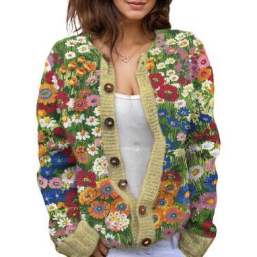 Imagem de Suéter de malha feminino Akivide com estampa floral de outono