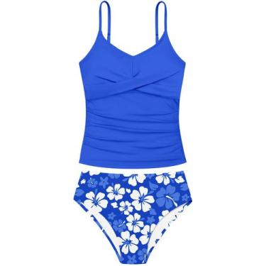 Imagem de Maiô Tankini Aulyffo Girls Tropical Print Azul Tamanho 15-16