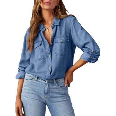 Imagem de Camisa feminina elegante, jeans, com botões, cambraia, azul celeste - 