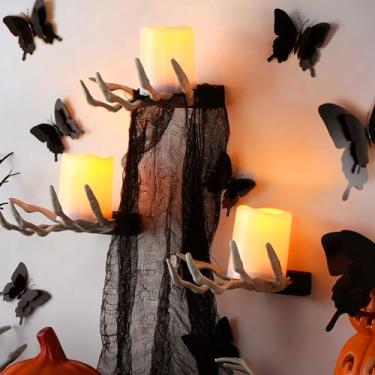 Imagem de Tuanse Conjunto de 3 decorações de parede de mão de bruxa de Halloween, montadas na parede, mãos assustadoras, com velas acesas, tecido de malha borboleta preta 3D, fita dupla face para decoração de