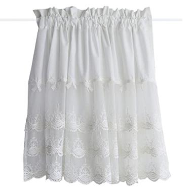 Imagem de Cortina de renda moderna de algodão patchwork para janela, cortinas curtas Bow Cafe para cozinha, banheiro, bistrô, cortinas pequenas com bolso de haste, branco (tamanho: LxA 120 x 60 cm/47 x 24 pol)