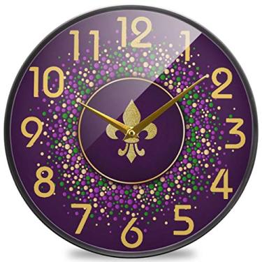 Imagem de Naanle Relógio de parede redondo Mardi Gras Holiday Fleur De Lis, relógio de parede silencioso de quartzo operado por bateria de 30 cm analógico silencioso para casa, escritório, escola