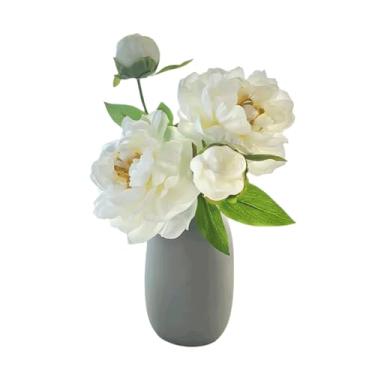 Imagem de 2 peças de flores artificiais de peônias com vaso de cerâmica, flores falsas de toque real, planta para decoração de casa, decoração de casamento